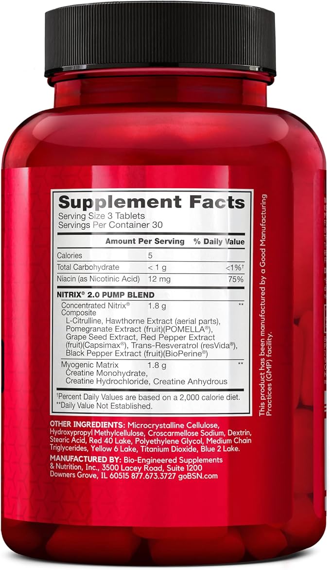 BSN NITRIX 2.0 - Nitric Oxide Precursors, 3g Creatine, 3g L Citrulline - Supports Workout Performance, Pumps, Muscle Recovery and Endurance - 90 Tablets