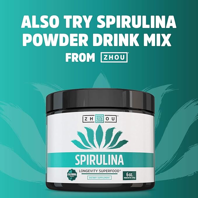 Zhou Nutrition Spirulina Tablets, Sustainably Grown 30 Servings, 180 Count