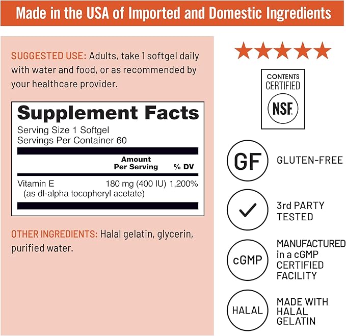 NatureWise Vitamin E 400 IU Softgels (180mg DL-Alpha) - Dairy, Gluten, and Soy Free, Non-GMO Antioxidant Dietary Supplement for Skin, Heart, Eye, and Immune Health Support - 2-Month Supply, 60 Count
