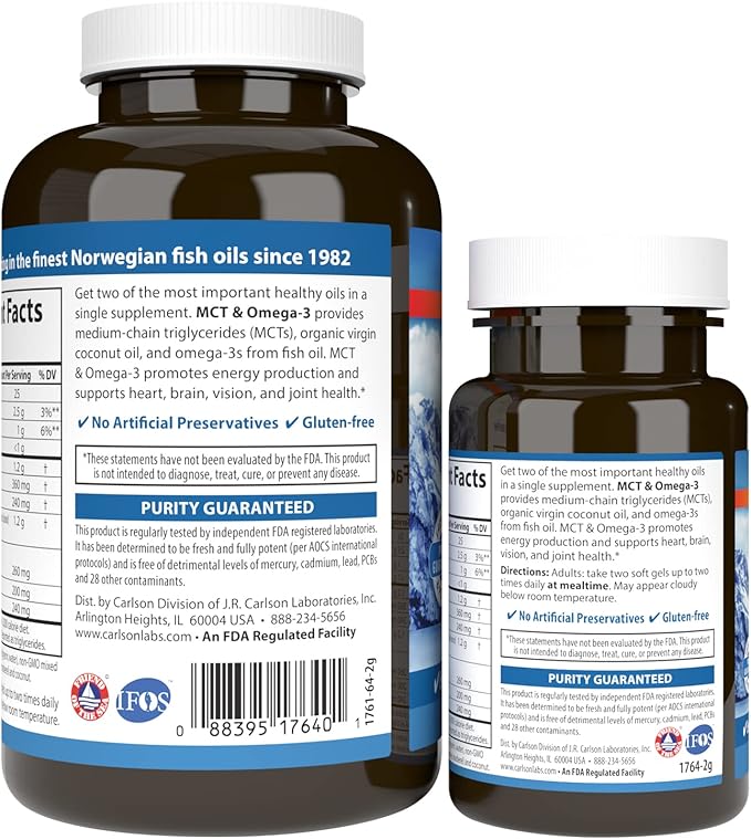 Carlson - MCT & Omega-3, Coconut Oil, Caprylic & Capric Acids, EPA & DHA, Energy Production, Fat Metabolism & Brain Health, 120+30 Softgels
