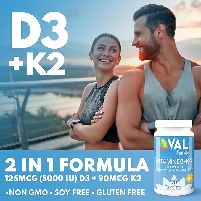 VAL Essentials Vitamin K2 + D3 Supplement 5000 IU D3 & 90 mcg K2 MK-7, MK-7, Non-GMO, 90 Vegetarian