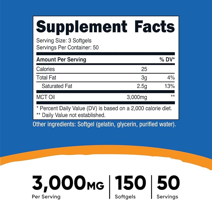 Nutricost MCT Oil Softgels 1000mg, 150 SFG (3,000mg Serv) - Great for Keto, Ketosis, and Ketogenic Diets