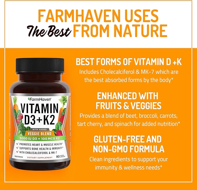 FarmHaven Vitamin D3 K2 Capsules - 5000 IU D3 and 100 mcg K2 - Cholecalciferol MK7 with Veggie Fruit Blend - Vitamin D K2 Supplement for Immune System & Heart Health - Vegetarian, Non-GMO, 90 Caps