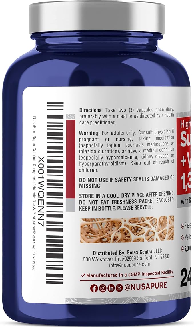 NusaPure Super Calcium 1300mg, Vitamin D3-240 Veggie Caps (Non-GMO, Soyfree, Bioperine)