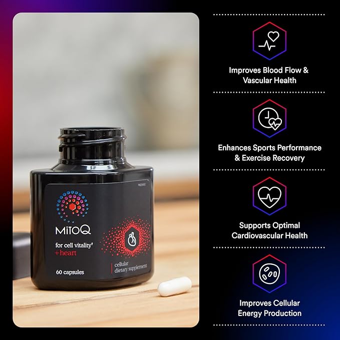 MitoQ +Heart Premium CoQ10 Antioxidant - Contains Mitoquinol Mesylate, Magnesium, L-Carnitine & Vitamin D3 - Supports Cardiovascular and Circulatory Health, & Cell Vitality (60 Capsules)
