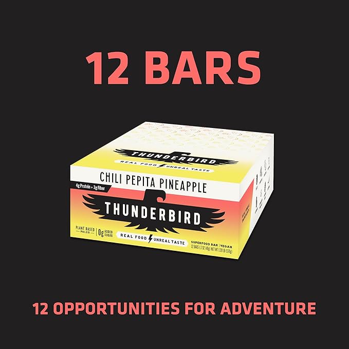 Thunderbird Bars Energy Snack, Gluten-Free with Protein, Healthy Real Food, Vegan Paleo Non-GMO, No Added Sugar, Chili Pepita Pineapple Flavor (12 Count, 1.7 oz. Bars)