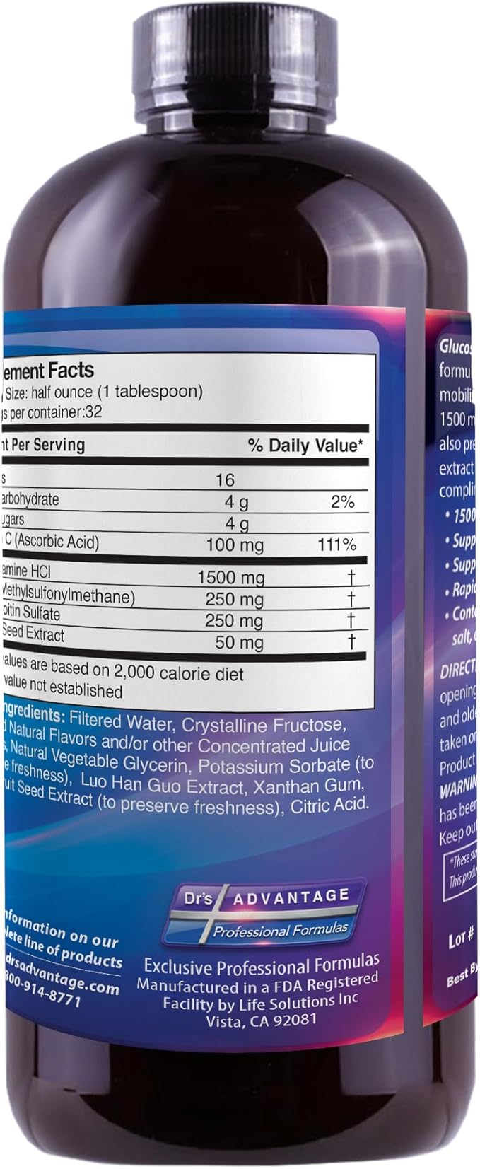 Dr's Advantage Liquid Glucosamine 1500- Chondroitin-MSM 16oz, Brown, DA867