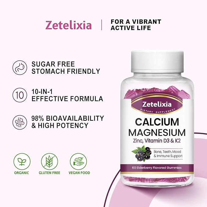 Calcium Gummies for Women Men, Calcium Magnesium Zinc with Vitamin D3 & K2, Calcium Magnesium Supplement for Bones Muscles and Joints, Elderberry Flavor - 120 Count