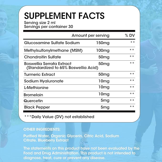 Glucosamine Chondroitin Liquid Drops with MSM Turmeric Boswellia Quercetin Bromelain-Vegan, Antioxidant Support for Back,Knee,Hands-Joint Support Supplement Healthy Joints, Mobility Cartilage