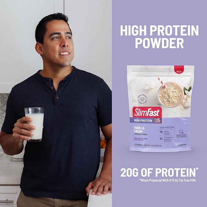 SlimFast High Protein Meal Replacement Powder, 26 Servings, Advanced Nutrition Smoothie Mix with Vitamin and Mineral Blend, Gluten Free, Vanilla Cream, 1.53 Pounds