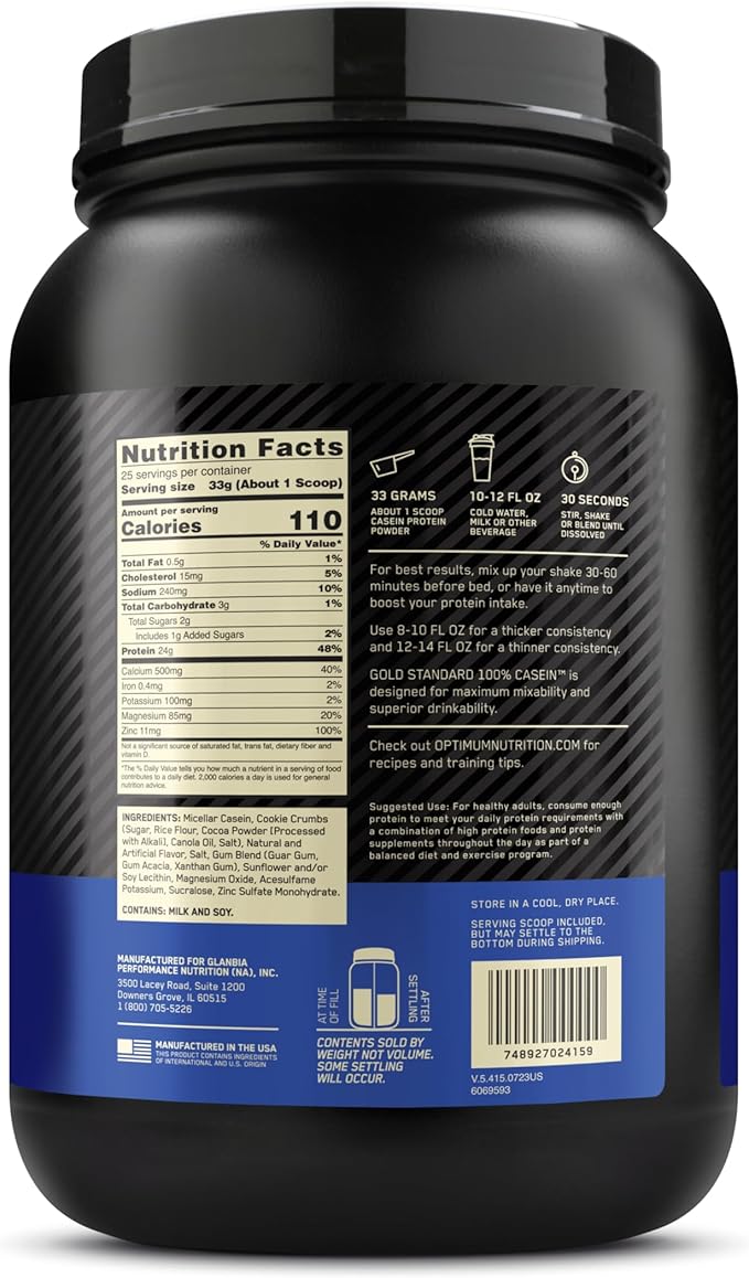 Optimum Nutrition Gold Standard 100% Micellar Casein Protein Powder, Slow Digesting, Helps Keep You Full, Overnight Muscle Recovery, Cookies and Cream, 1.81 Pound (Packaging May Vary)