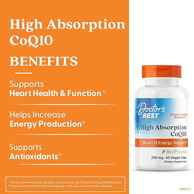 Doctor's Best High Absorption CoQ10 with BioPerine, Heart Health & Energy Production, Naturally Fermented, Gluten Free, Vegan, 200 mg 60 Veggie Caps