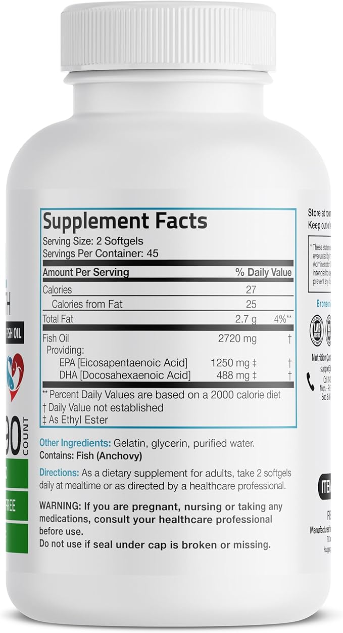 Bronson Omega 3 Fish Oil Triple 2720 mg, 1250 mg 488 mg, 90 Softgels