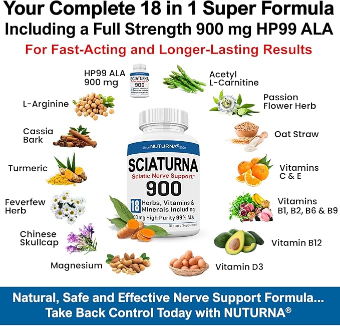 Sciatica Nerve Support Supplement with 900 HP-99 Alpha 18 in 1 Natural 180 Capsules
