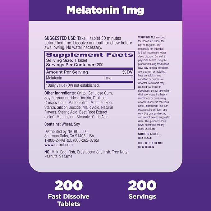 Natrol Melatonin 1mg, Strawberry-Flavored Dietary Supplement 200 Fast-Dissolve 200 Day