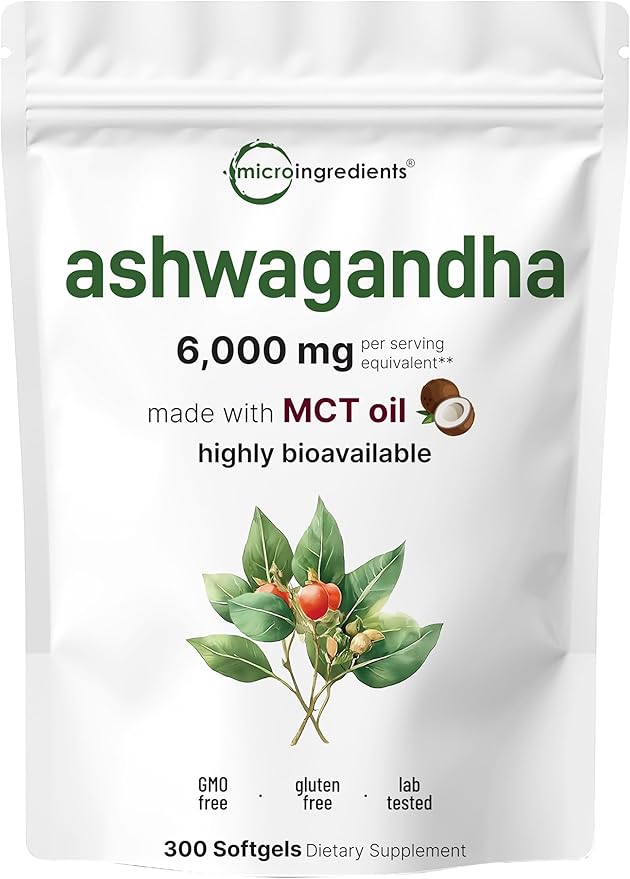 Ashwagandha Supplements 6,000mg Per Serving | 300 Coconut MCT Oil Softgels with Black Pepper for Better Absorption | Potent Root Extract | Natural Herbal Support for Relaxation | Non-GMO