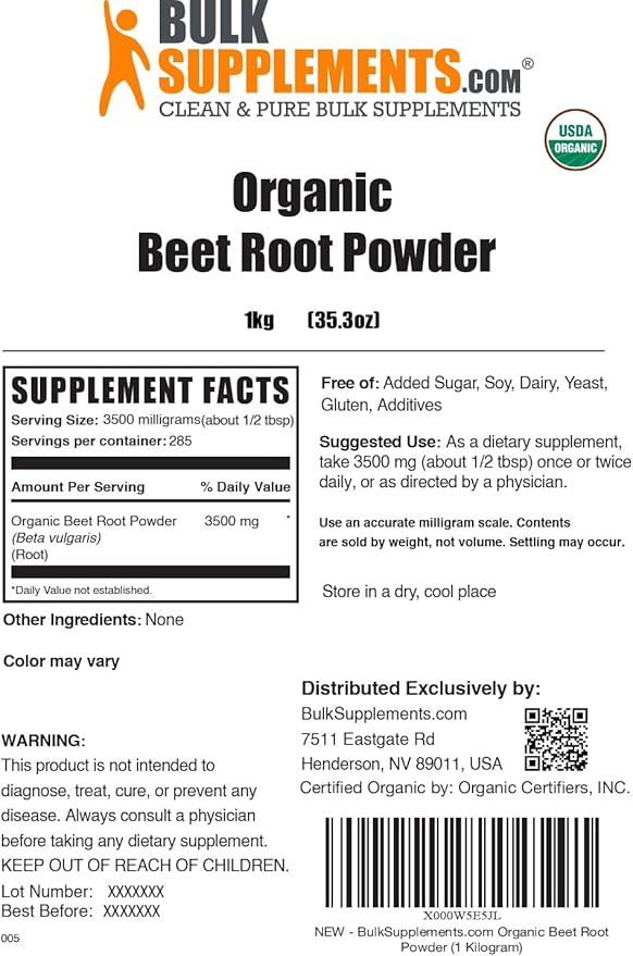 BulkSupplements.com Organic Beet Root Powder - Beet Powder Organic, Beetroot Supplement - Superfood Supplement, Vegan & Gluten Free - 3500mg per Serving, 1kg (2.2 lbs) (Pack of 1)