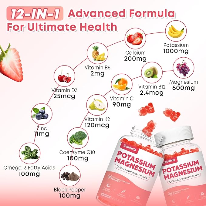 Potassium Magnesium Supplement Gummies for Adults Kids, Magnesium Glycinate Gummies 600mg & Potassium Citrate 1000mg, Plus Multivitamin,Omega-3 & Black Pepper, Leg Cramps, Muscle & Heart Health, 120ct