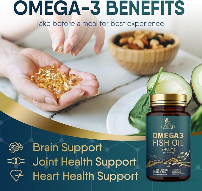 Triple Strength Omega 3 Fish Oil 2400 mg 1200 MG Omega-3 Supplement 180 Fish