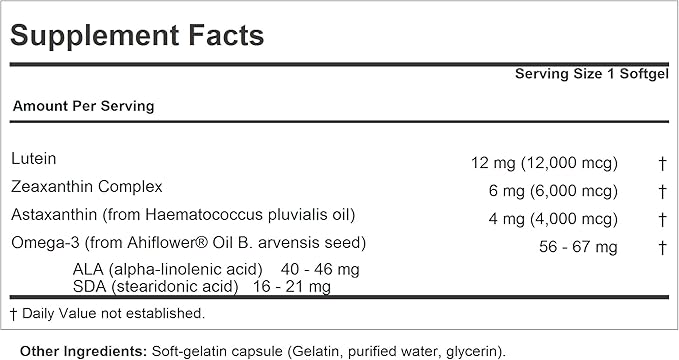 ANDREW LESSMAN Maximum L+Z with Astaxanthin 60 Softgels 12mg Lutein, 6mg Zeaxanthin, 4mg Astaxanthin.