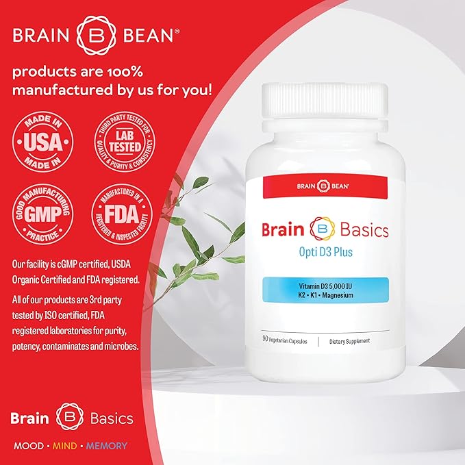 Brain Basics Opti D3 Plus D3 K2 K2 5,000IU, 5,000IU, Vitamin K1, and 90 Servings