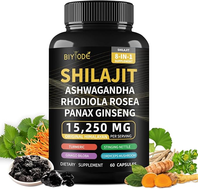 Shilajit Capsules Himalayan 8-in-1 Concentrated Organic, 15250mg of 60 Caps, 30 Day