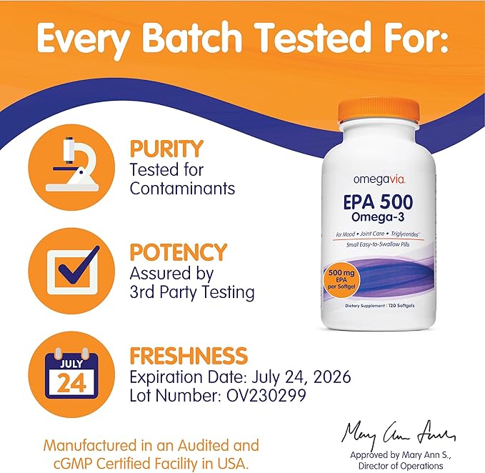 OmegaVia EPA 500, Purified Omega 3 500 mg 5-Star, 120 120 ct