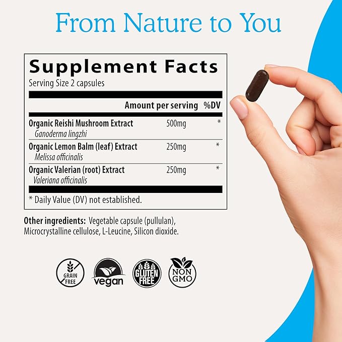 Real Mushrooms RealRest (60ct) Reishi Mushroom Capsules for Relaxation - Organic Reishi Mushrooms with Lemon Balm Herb - Sleep Support Supplement Mushroom Complex for Rest & Immune Support