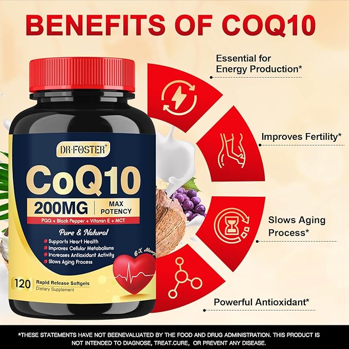 Coq10 200mg Upgraded, 6X High Absorption 10 Supplement Q10, 120 120 Servings