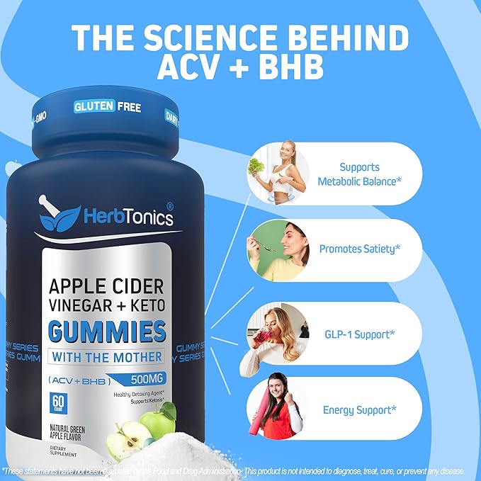 Herbtonics Keto Apple Cider Vinegar Gummies - Digestion & Detox Support - Sugar Free BHB Advanced Formula for Keto Support - Raw ACV with The Mother - 120 Vegan ACV Gummies