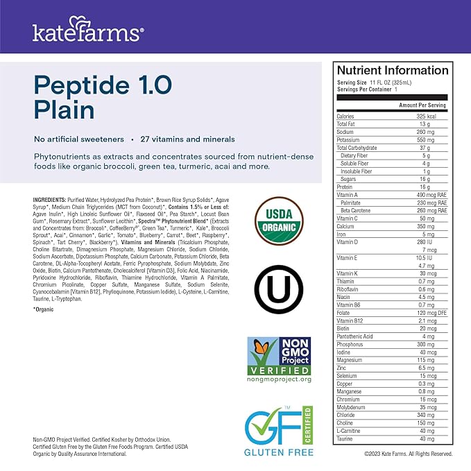 KATE FARMS Organic Adult Peptide 1.0 Formula, Plain, Sole-Source, Hydrolyzed Plant-Based Nutrition for Oral or Tube Feeding, 11 Fl oz (12 Pack)