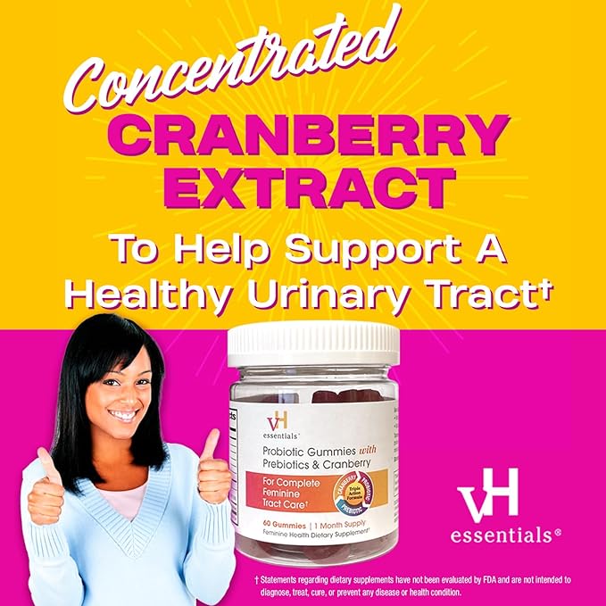 vH essentials Probiotic Gummies with Prebiotics & Cranberry, Concentrated Extract for Urinary Tract Health, Supports Vaginal Microflora Balance for a Healthy Feminine Tract, 60 Count