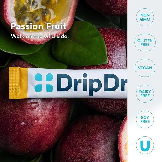 DripDrop Hydration - Zero Sugar Passion Fruit - Electrolyte Drink Mix Single Serve Powder Packets | Non-GMO, Gluten Free, Vegan | 32 Sticks