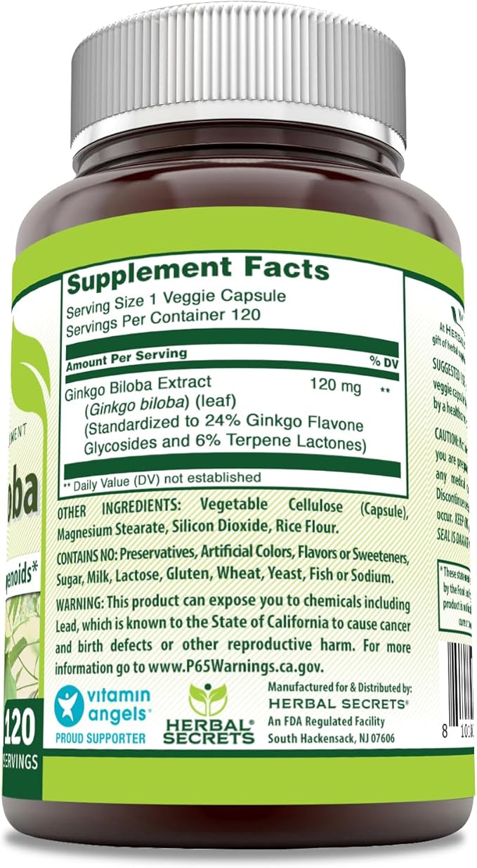 Herbal Secrets Ginkgo Biloba Supplement 120mg 120 Capsules 24% Ginkgo