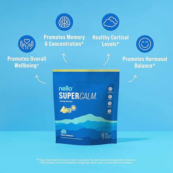 Nello Supercalm Drink Mix - Ashwagandha KSM 66, Magnesium Glycinate & L-Theanine Supplement, Vitamin D3 - Ashwagandha Root Extract - Focus and Relaxation Support (20 Travel Packets) - Lemon Lime