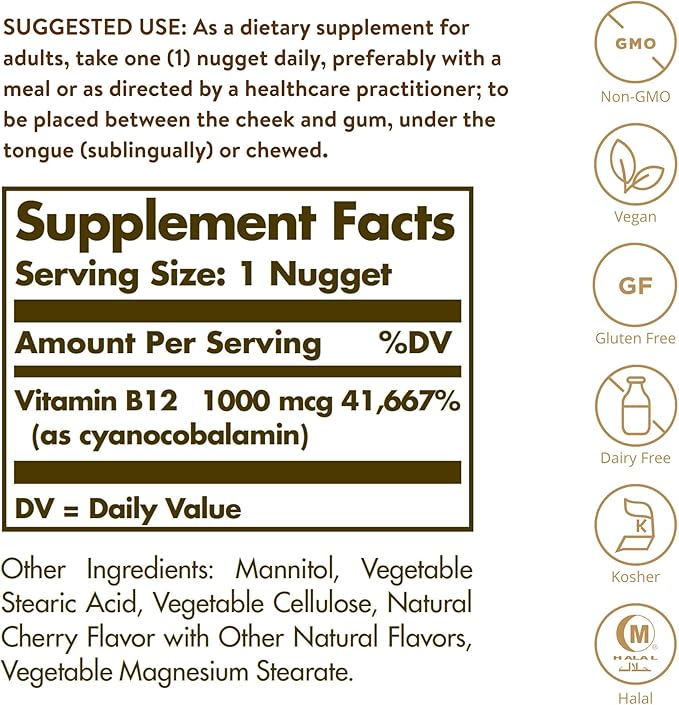 Solgar Vitamin B12 1000 mcg, 100 Nuggets 100 Servings