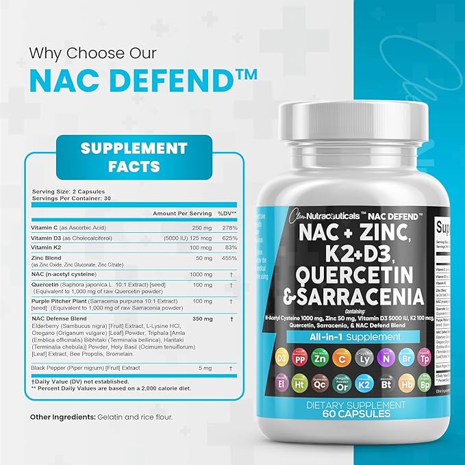 Clean Nutraceuticals NAC Supplement N-Acetyl Cysteine 1000mg Vitamin D3 K2 K2 Zinc 1000mg Sarracenia 1000mg with 60 Count