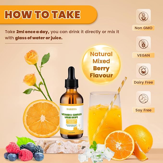 Vitamin B Complex Liquid Drops B B1, B2, B2, B3, B3, B6, B6, B7, B7, B12 B12 Biotin D3+K2 Supports 2 fl.