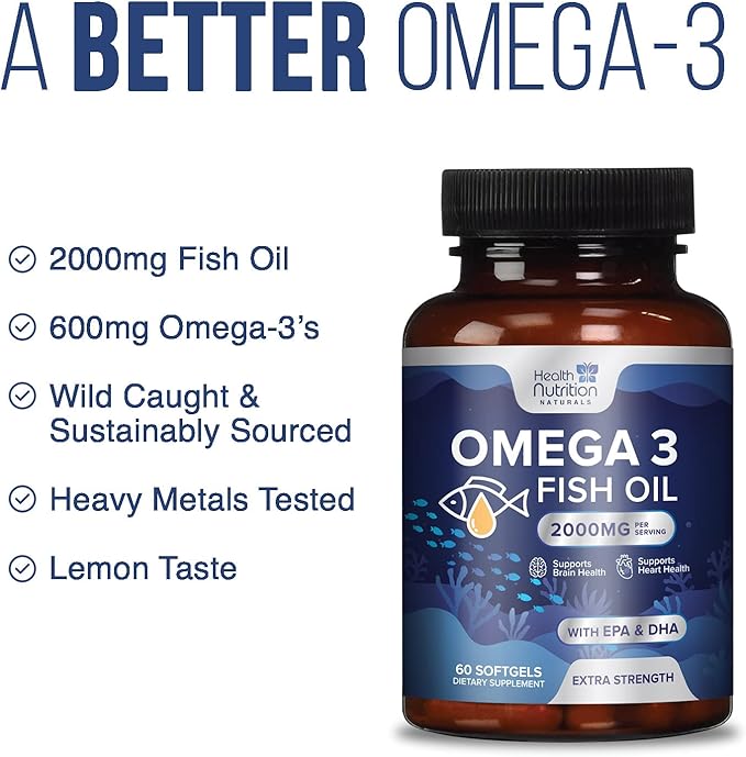 Triple Strength Omega 3 Fish Oil 2000 mg Omega-3 Supplements, 60 Count