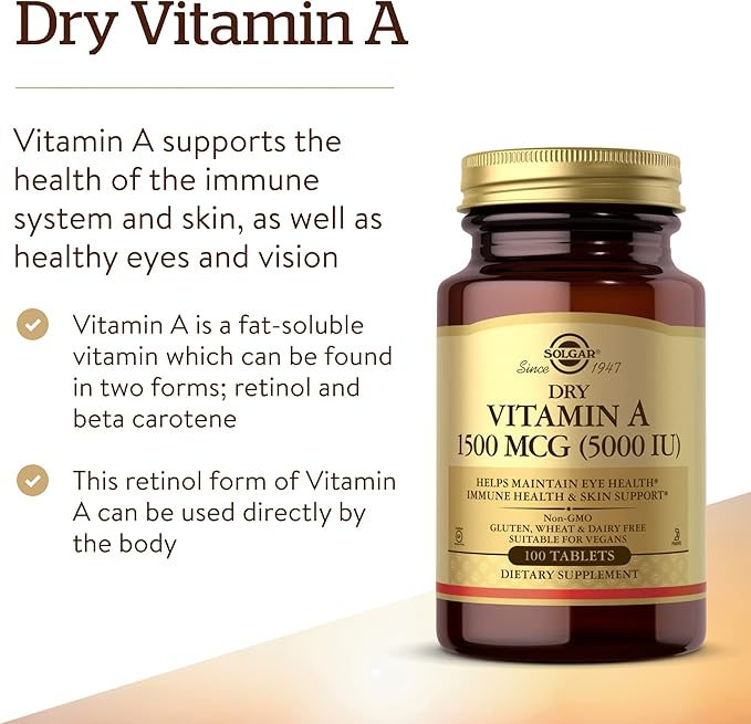 SOLGAR Dry Vitamin A 1500 mcg (5000 IU), 100 Tablets 100 Servings 2)