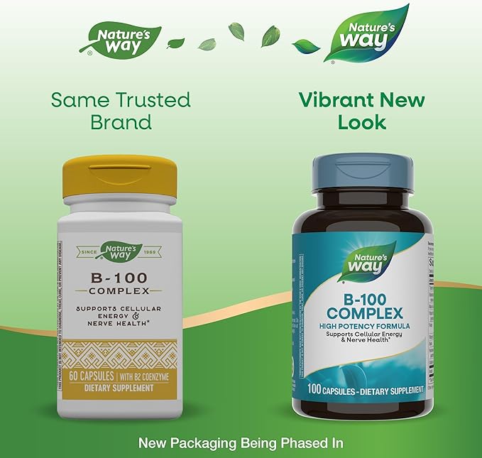 Nature's Way B-100 Complex, Supports Cellular 8 B-Vitamins, 100 Capsules