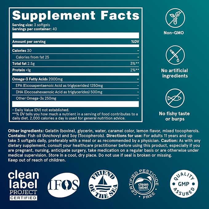 Puori Omega 3 Fish Oil 2000mg - 240 Softgels O3-2000mg EPA 1250mg DHA 500mg