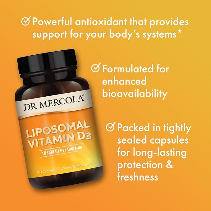 Dr. Mercola Liposomal Vitamin D3 - Supports Heart, Bone & Immune Health - 10,000 IU Per Serving - Non-GMO, Soy Free & Gluten Free - 90 Capsules (90 Servings)