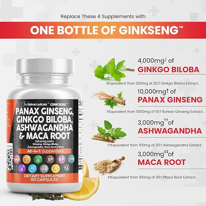 Clean Nutraceuticals Panax Ginseng 10000mg Ginkgo 4000mg Ashwagandha 3000mg - 60 Caps