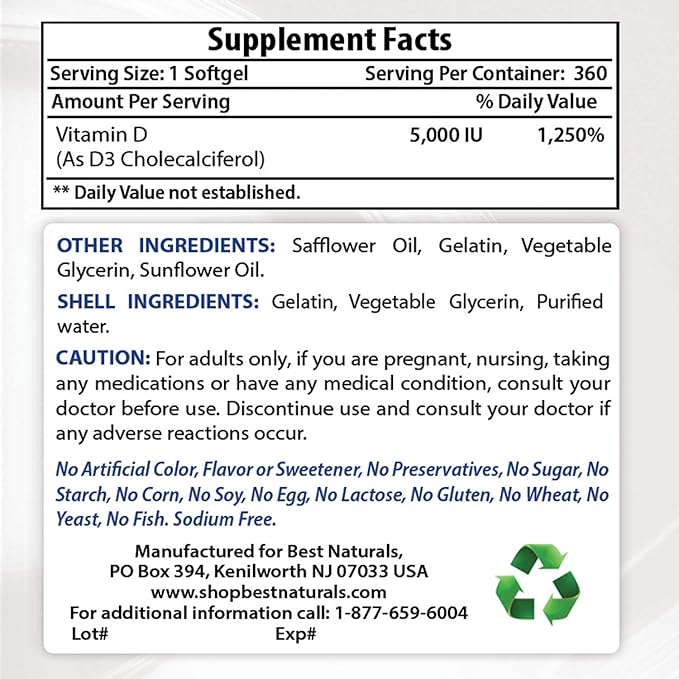 Best Naturals Vitamin D3 5000 IU 360 Softgels