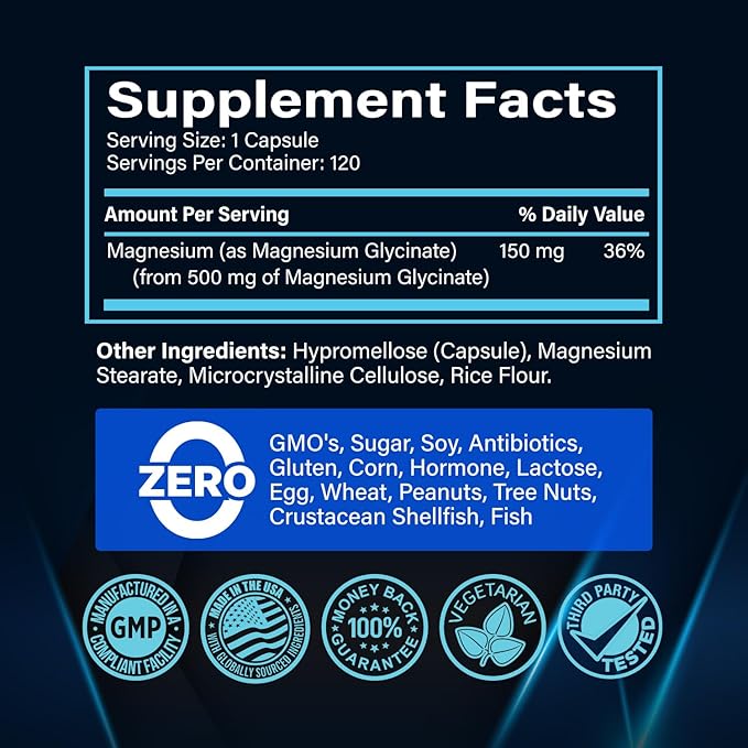 Premium Magnesium Glycinate 500mg Capsules High 120 Capsules