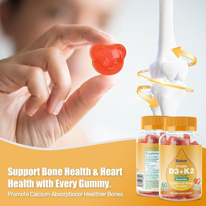 Natural Vitamin D3 K2 Gummies, 2000 IU Vitamin D3 & 100 mcg Vitamin K2,Supports Healthy Bone, Immune Health Supplement, GMO Free, Gluten Free, Strawberry Flavor, 60 Count