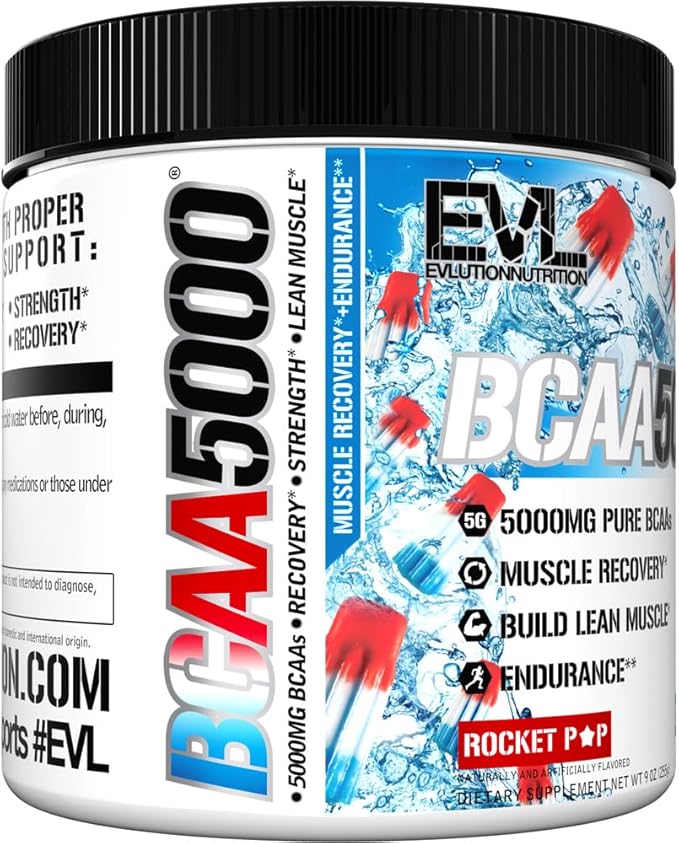 Evlution EVL BCAAs Amino Acids Powder - BCAA Powder Post Workout Recovery Drink and Stim Free Pre Workout Energy Drink Powder - 5g Branched Chain Amino Acids Supplement for Men - Rocket Pop