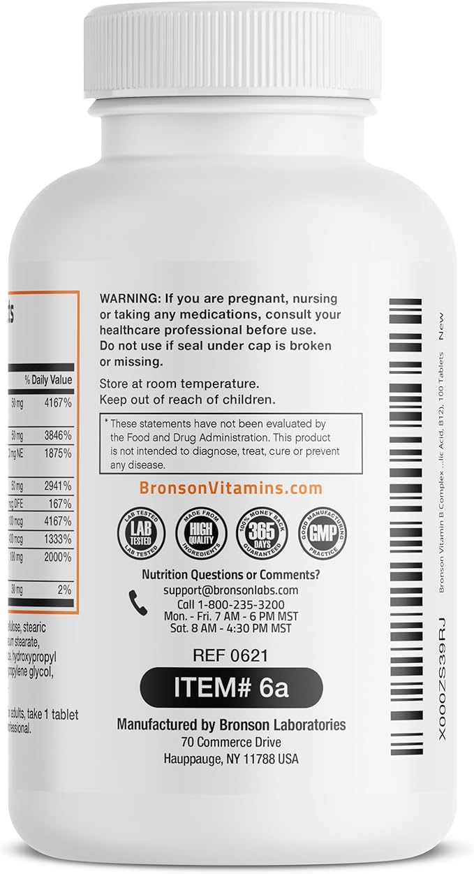 Bronson Vitamin B Complex (Vitamin B1, B2, B3, B3, B6, B6, B9 B9 - B12), 100 100 Tablets