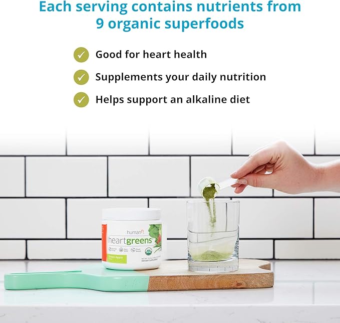humanN HeartGreens | Superfood Organic Powder with Wheatgrass, Kale, Spinach, and Spirulina, USDA Organic Non-GMO, from The Makers of SuperBeets (Green Apple Flavor, 5.29-Ounce